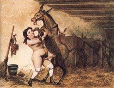 Dibujo del grupo SEM donde se ve a la raina Isabel II practicando sexo con un burro, autoría de los hermanos Bécquer